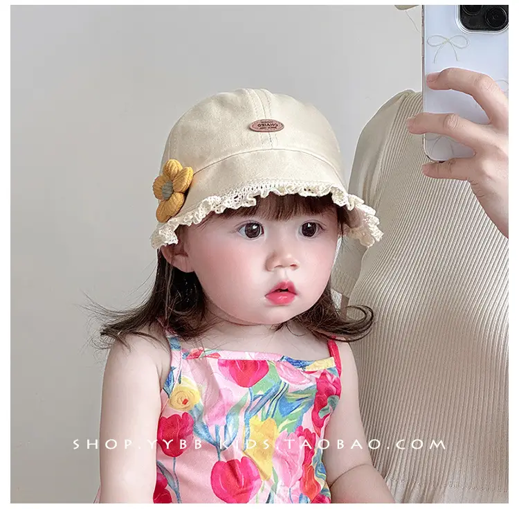 Black Floral Baby Cap with Lace Trim — feature 2