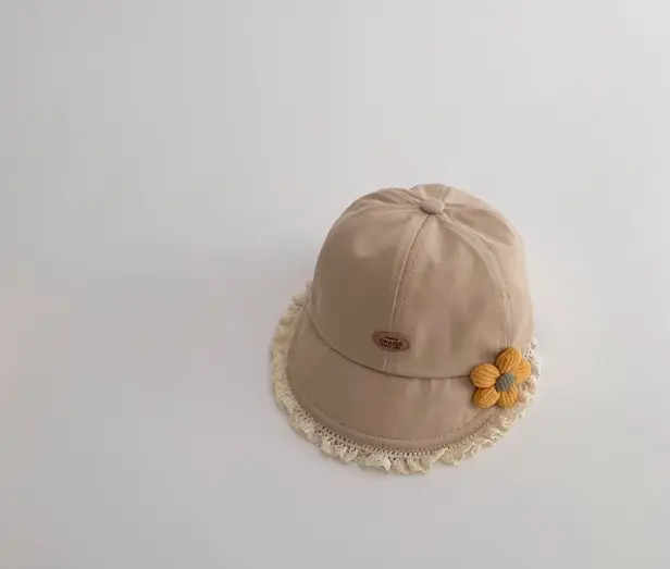 Black Floral Baby Cap with Lace Trim - Image 2