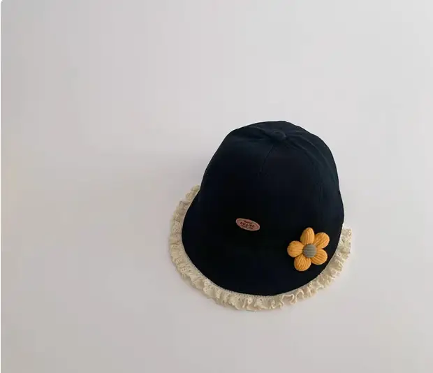 Black Floral Baby Cap with Lace Trim - Image 4