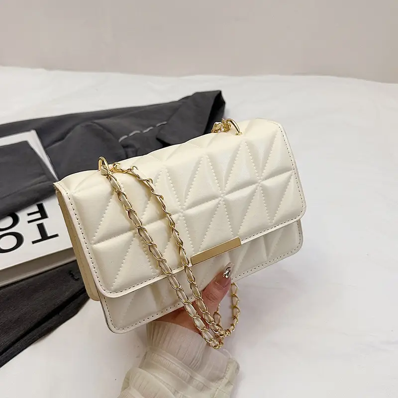 Cream Quilted Chain Shoulder Bag for Women