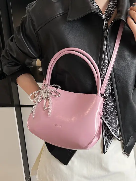 Pink Korean Handheld Bucket Bag with Crystal Bow