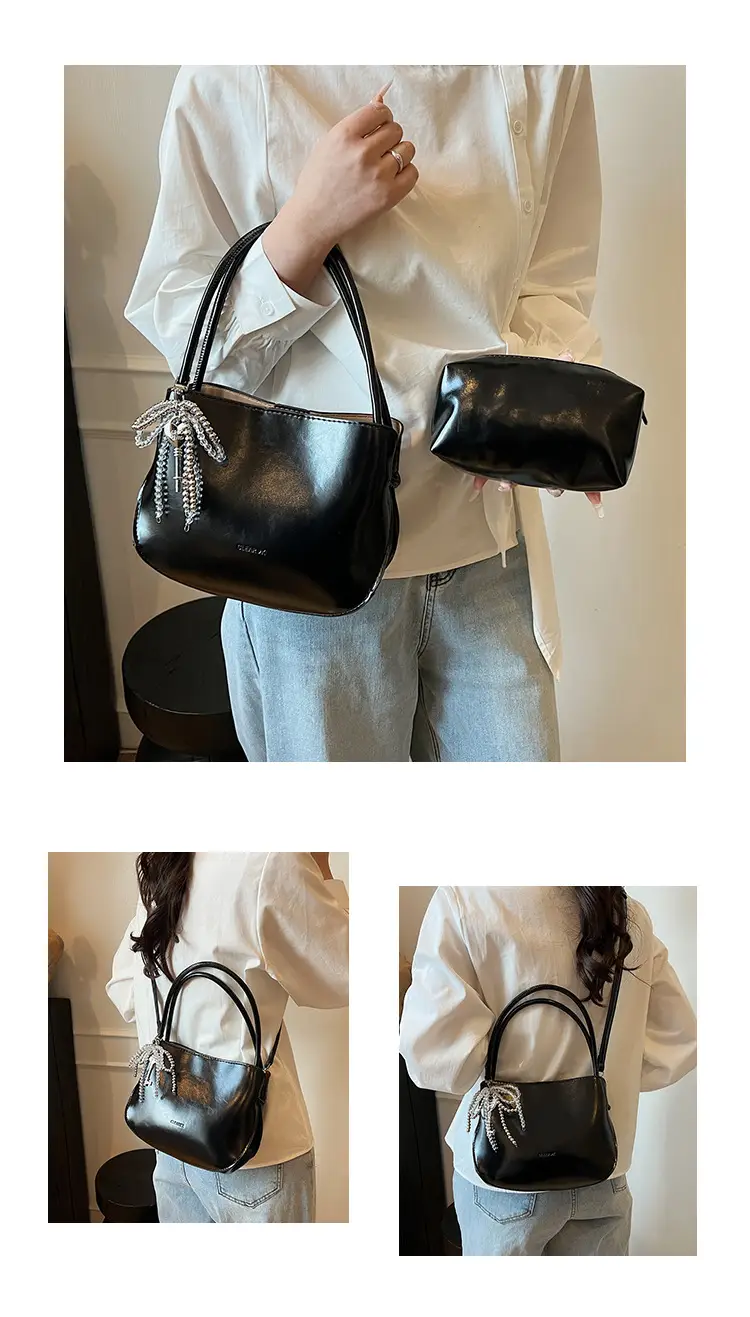 Pink Korean Handheld Bucket Bag with Crystal Bow — feature 10