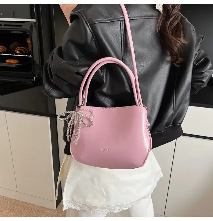 Pink Korean Handheld Bucket Bag with Crystal Bow — feature 18