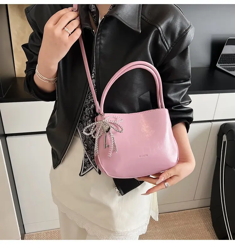 Pink Korean Handheld Bucket Bag with Crystal Bow — feature 19