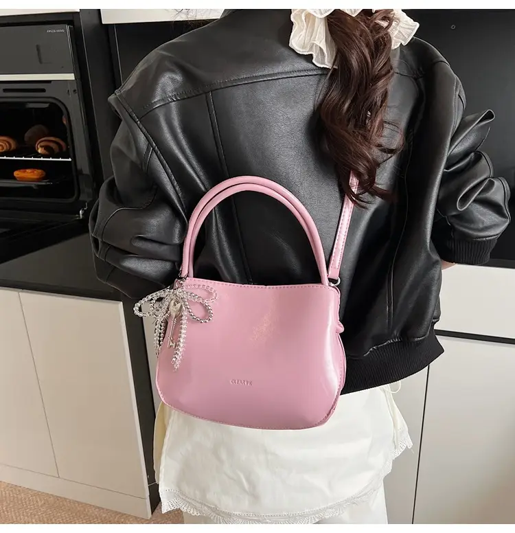 Pink Korean Handheld Bucket Bag with Crystal Bow — feature 20