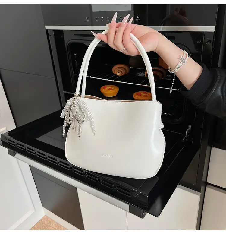 Pink Korean Handheld Bucket Bag with Crystal Bow — feature 21