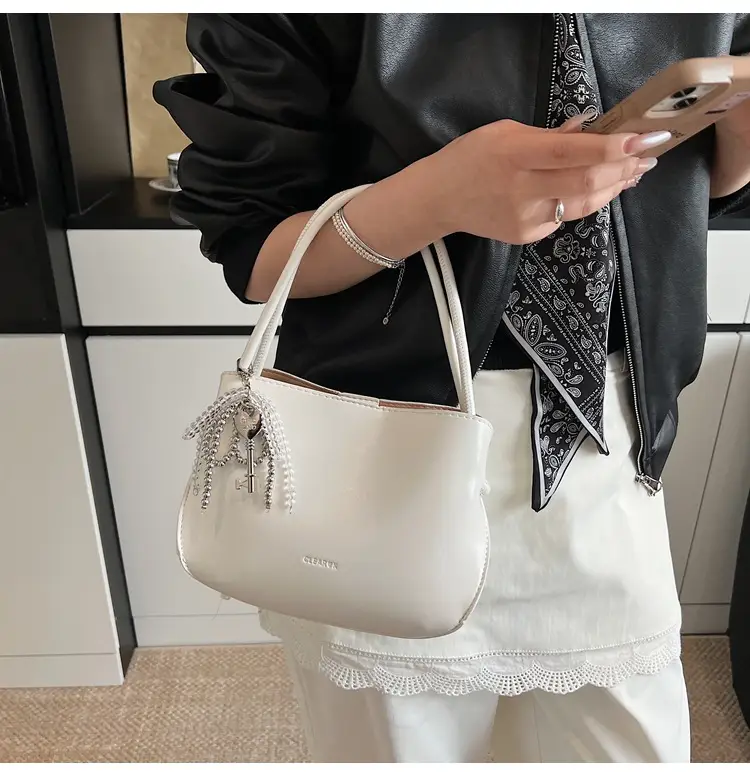 Pink Korean Handheld Bucket Bag with Crystal Bow — feature 24