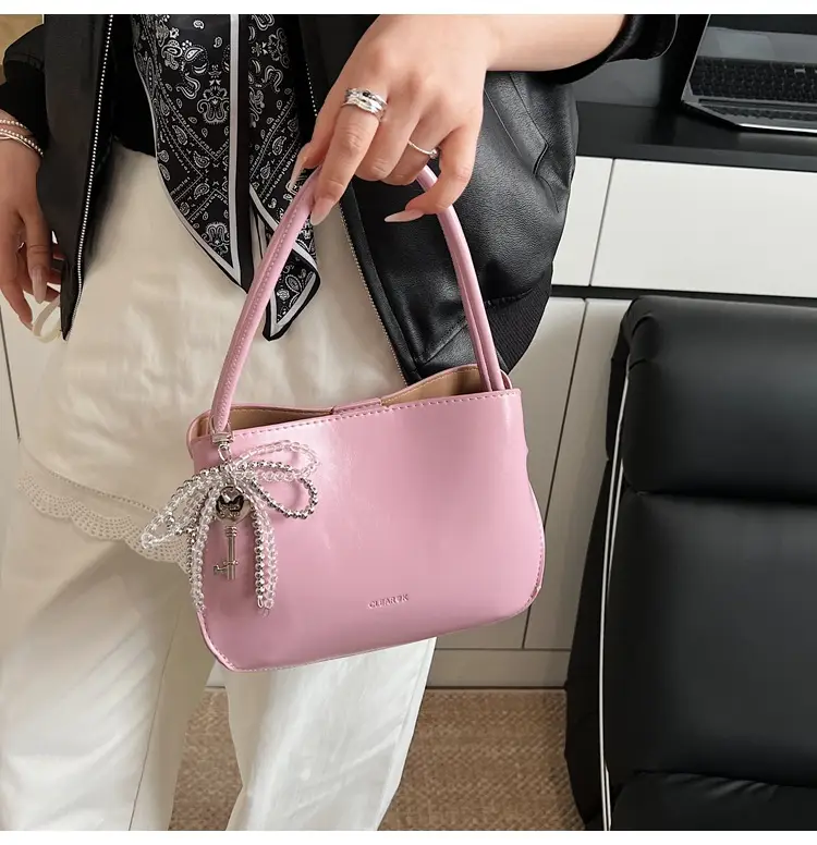 Pink Korean Handheld Bucket Bag with Crystal Bow — feature 26