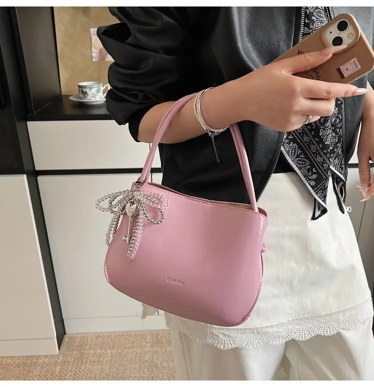 Pink Korean Handheld Bucket Bag with Crystal Bow — feature 27
