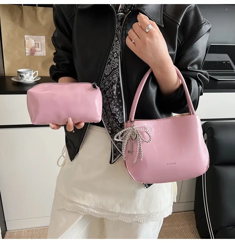 Pink Korean Handheld Bucket Bag with Crystal Bow — feature 28