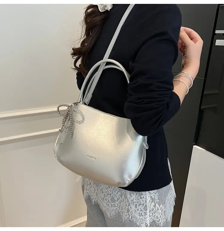 Pink Korean Handheld Bucket Bag with Crystal Bow — feature 32