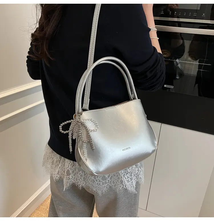 Pink Korean Handheld Bucket Bag with Crystal Bow — feature 33