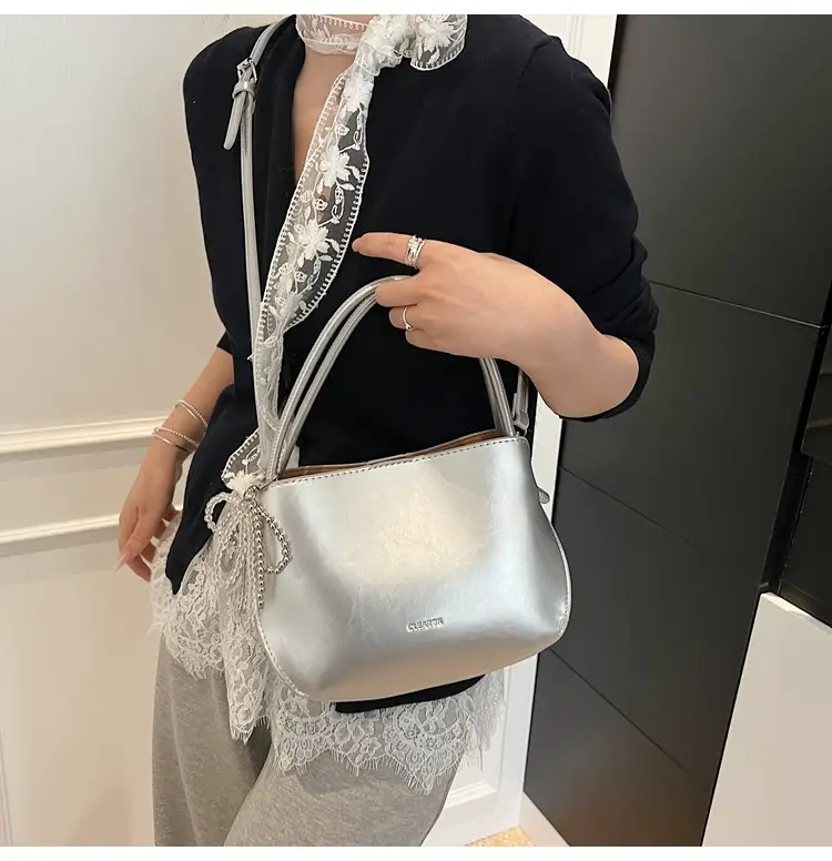 Pink Korean Handheld Bucket Bag with Crystal Bow — feature 34