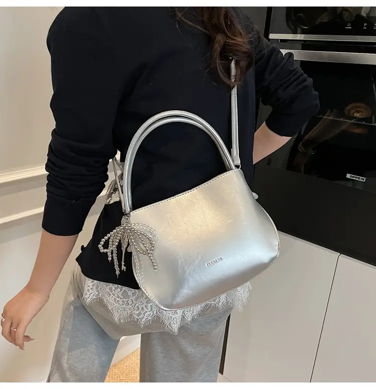 Pink Korean Handheld Bucket Bag with Crystal Bow — feature 35