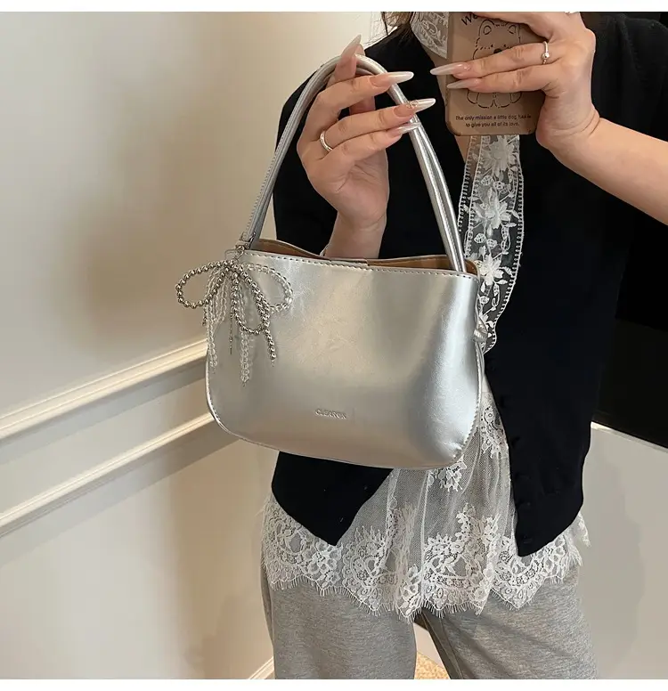 Pink Korean Handheld Bucket Bag with Crystal Bow — feature 36