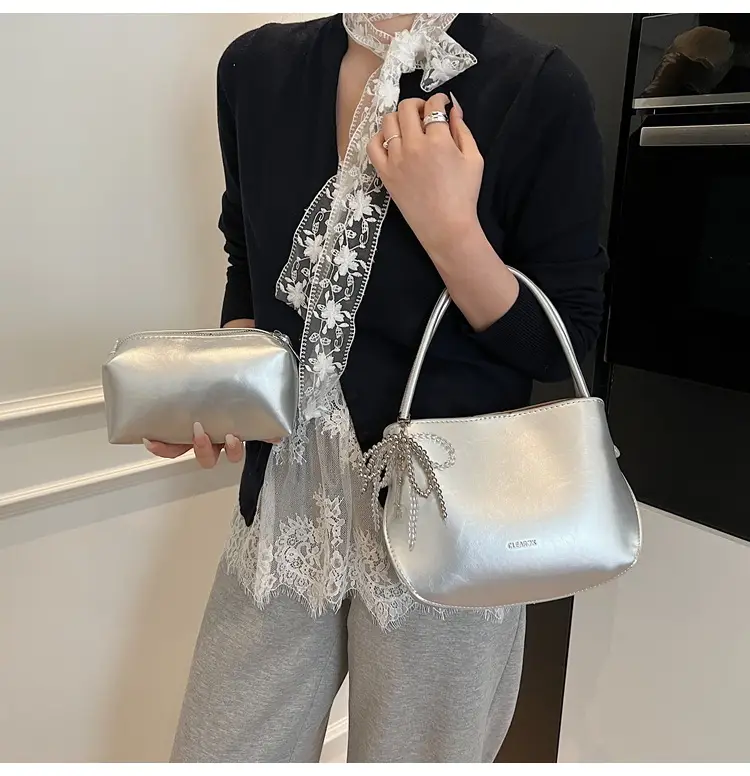 Pink Korean Handheld Bucket Bag with Crystal Bow — feature 37