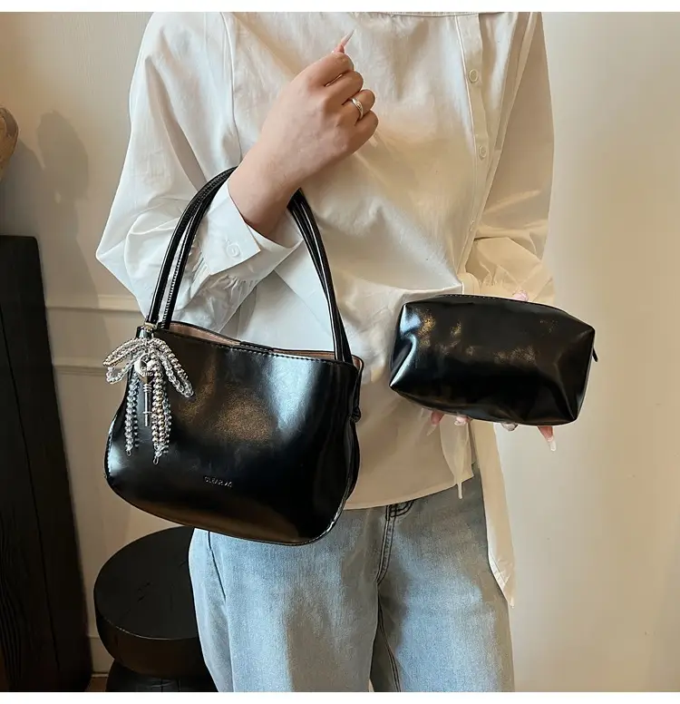 Pink Korean Handheld Bucket Bag with Crystal Bow — feature 39