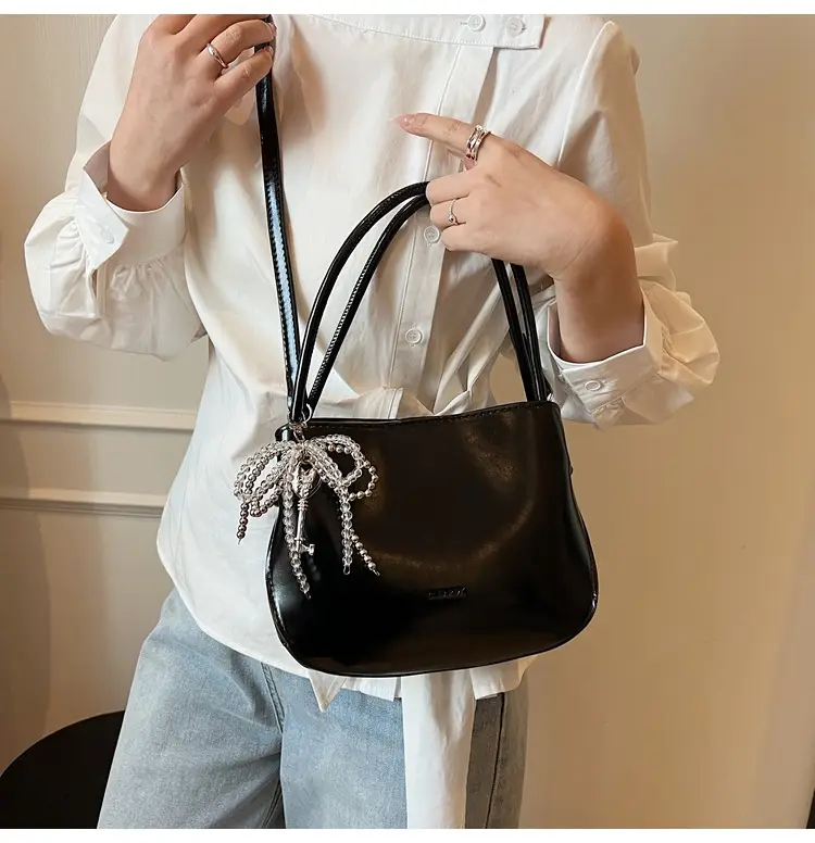 Pink Korean Handheld Bucket Bag with Crystal Bow — feature 41