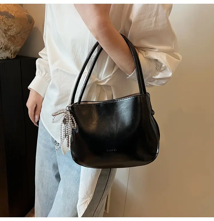 Pink Korean Handheld Bucket Bag with Crystal Bow — feature 43