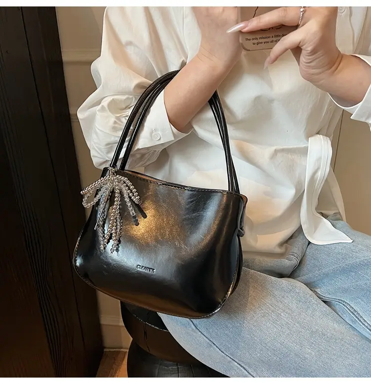 Pink Korean Handheld Bucket Bag with Crystal Bow — feature 45