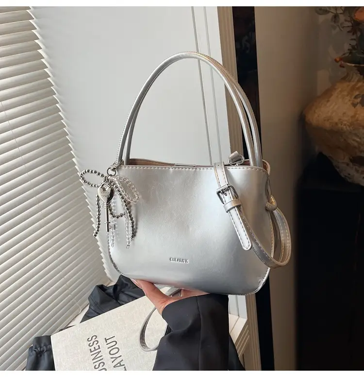 Pink Korean Handheld Bucket Bag with Crystal Bow — feature 48