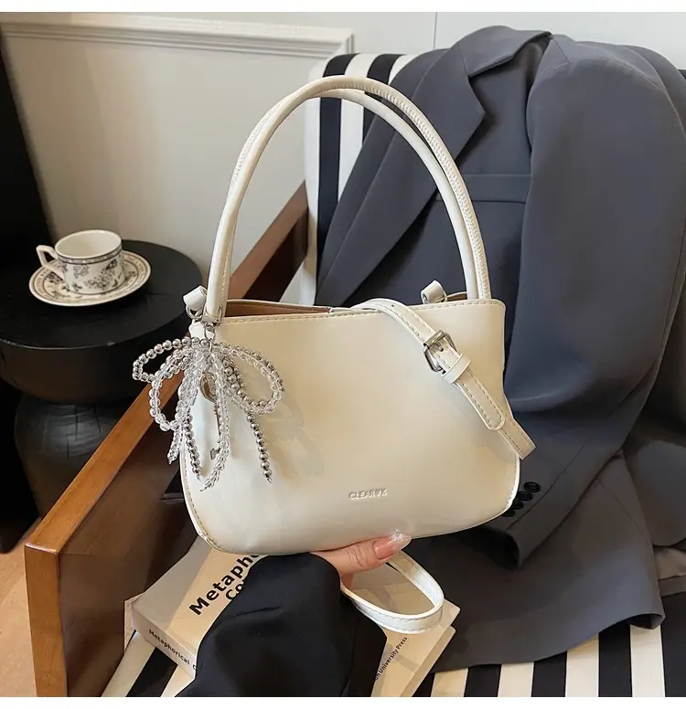 Pink Korean Handheld Bucket Bag with Crystal Bow — feature 49