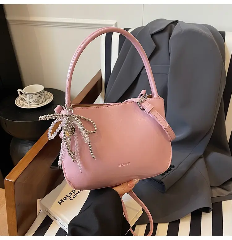 Pink Korean Handheld Bucket Bag with Crystal Bow — feature 50