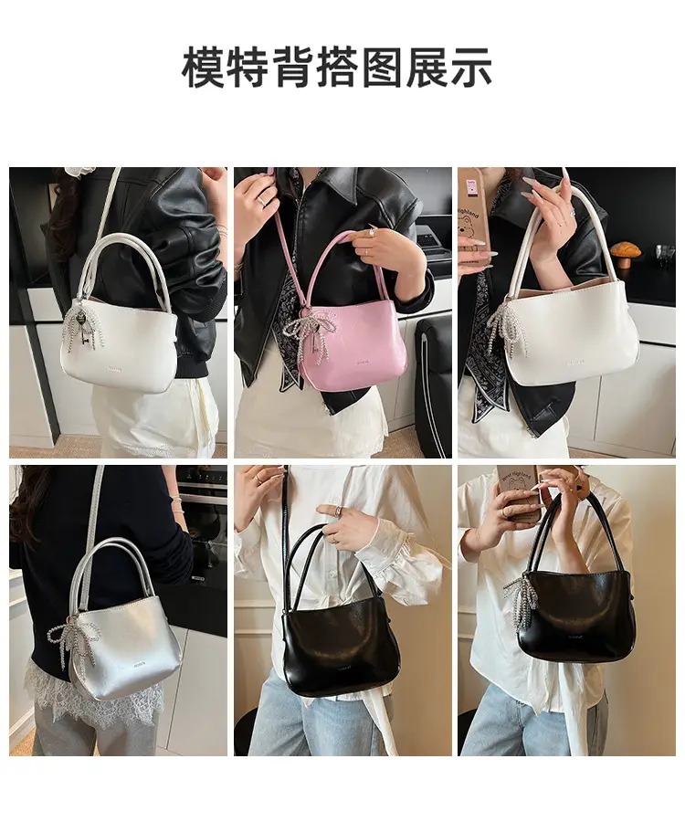 Pink Korean Handheld Bucket Bag with Crystal Bow — feature 8