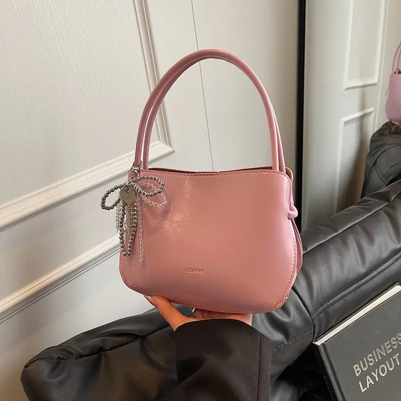 Pink Korean Handheld Bucket Bag with Crystal Bow