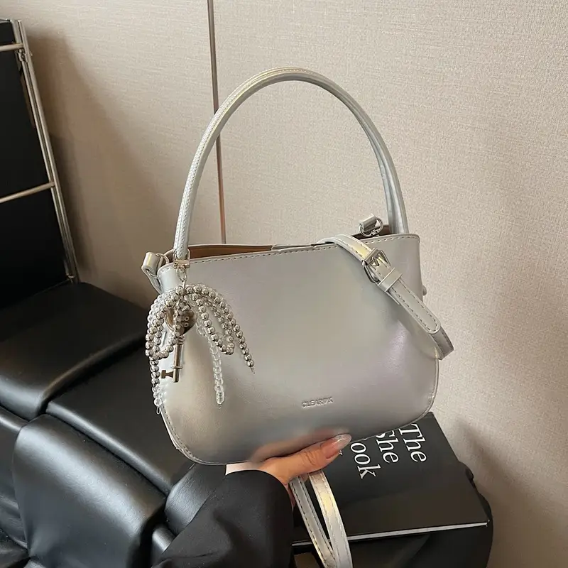 Pink Korean Handheld Bucket Bag with Crystal Bow