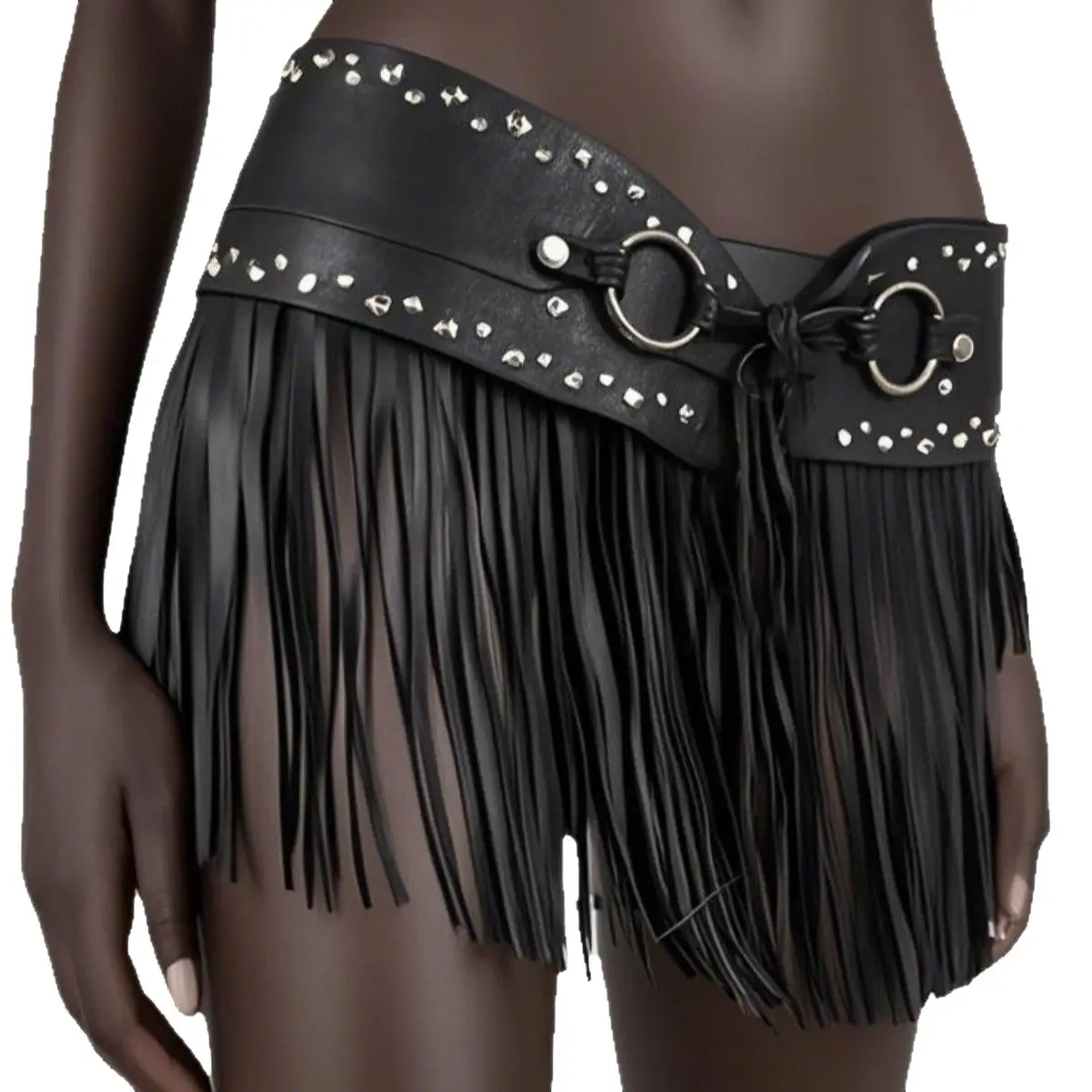 Black Fringe Belt Skirt with Rivets and Tassels - Image 10