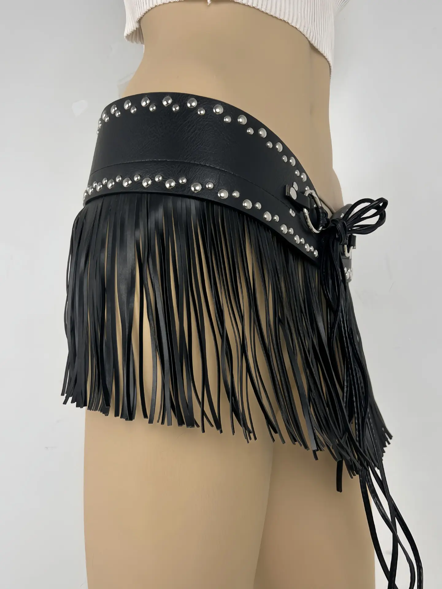 Black Fringe Belt Skirt with Rivets and Tassels — feature 1