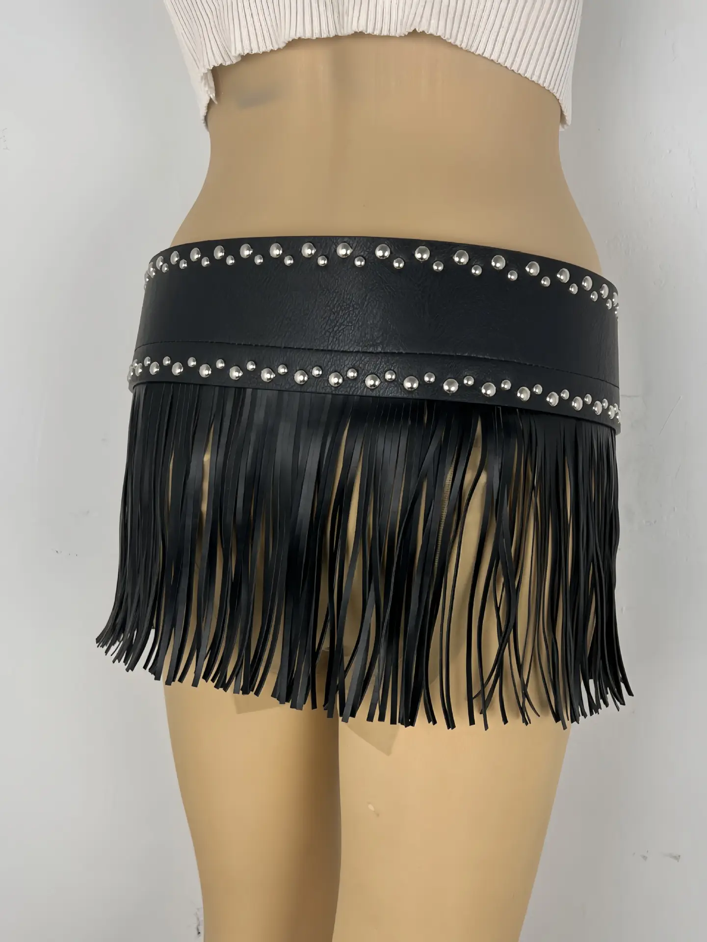 Black Fringe Belt Skirt with Rivets and Tassels — feature 2