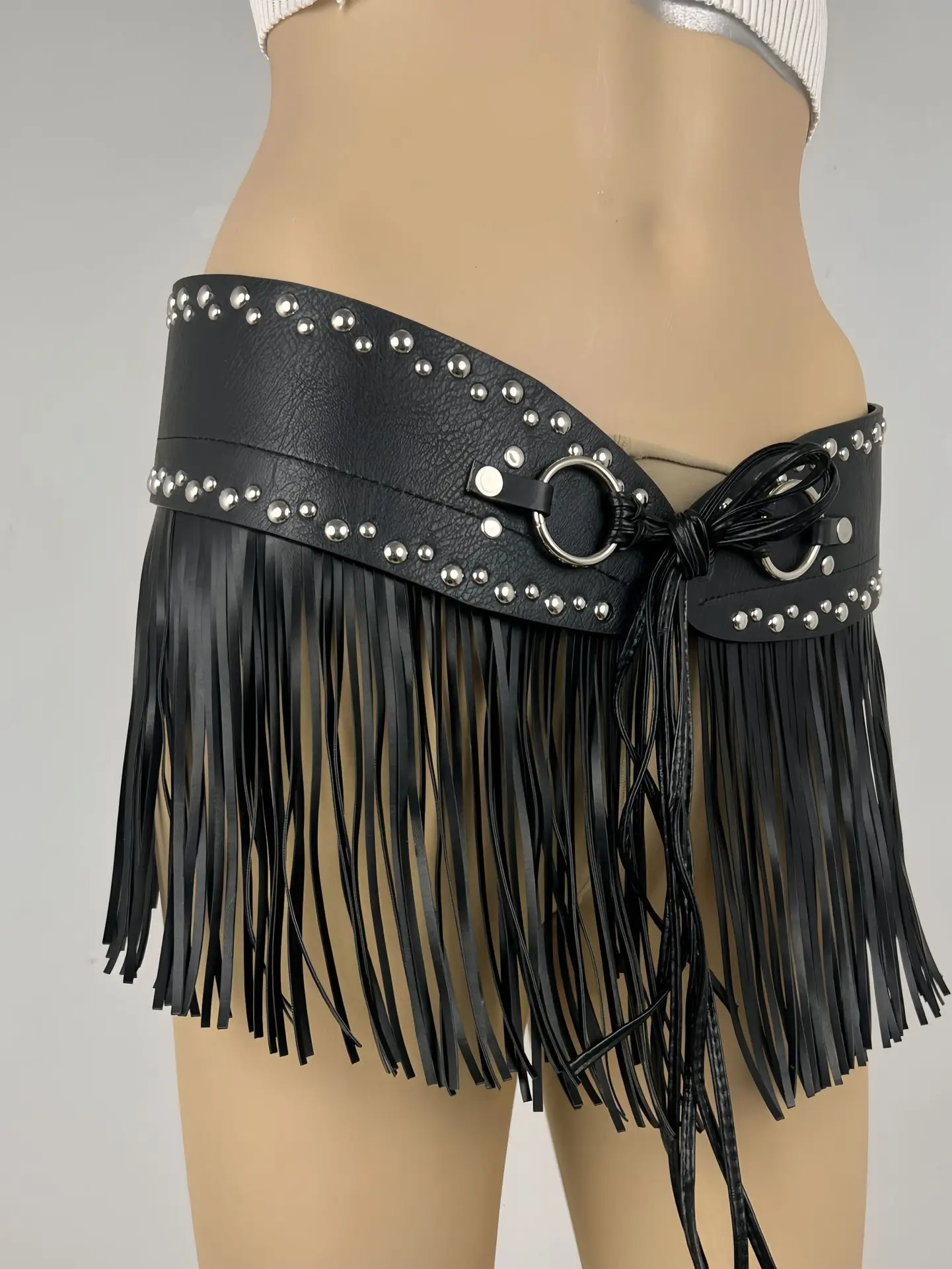 Black Fringe Belt Skirt with Rivets and Tassels — feature 3
