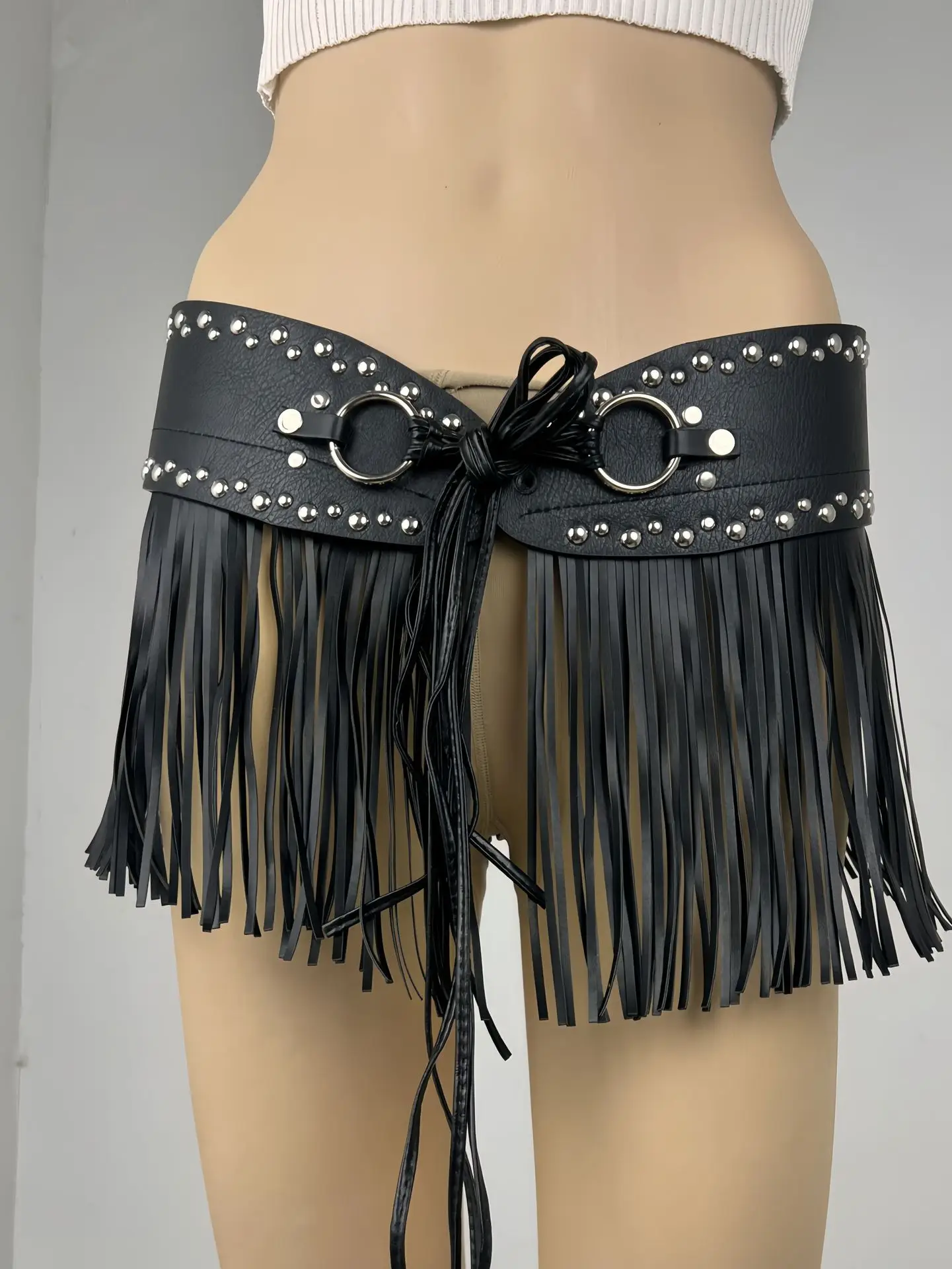 Black Fringe Belt Skirt with Rivets and Tassels — feature 4