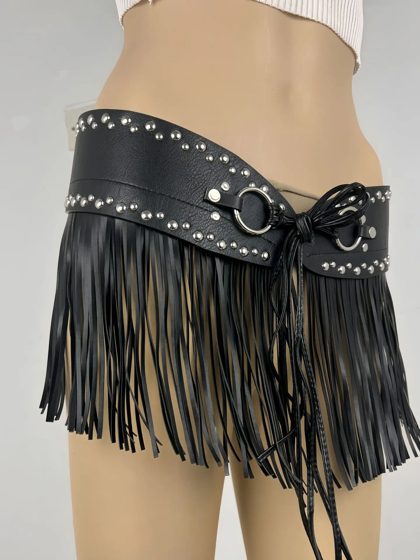 Black Fringe Belt Skirt with Rivets and Tassels — feature 5