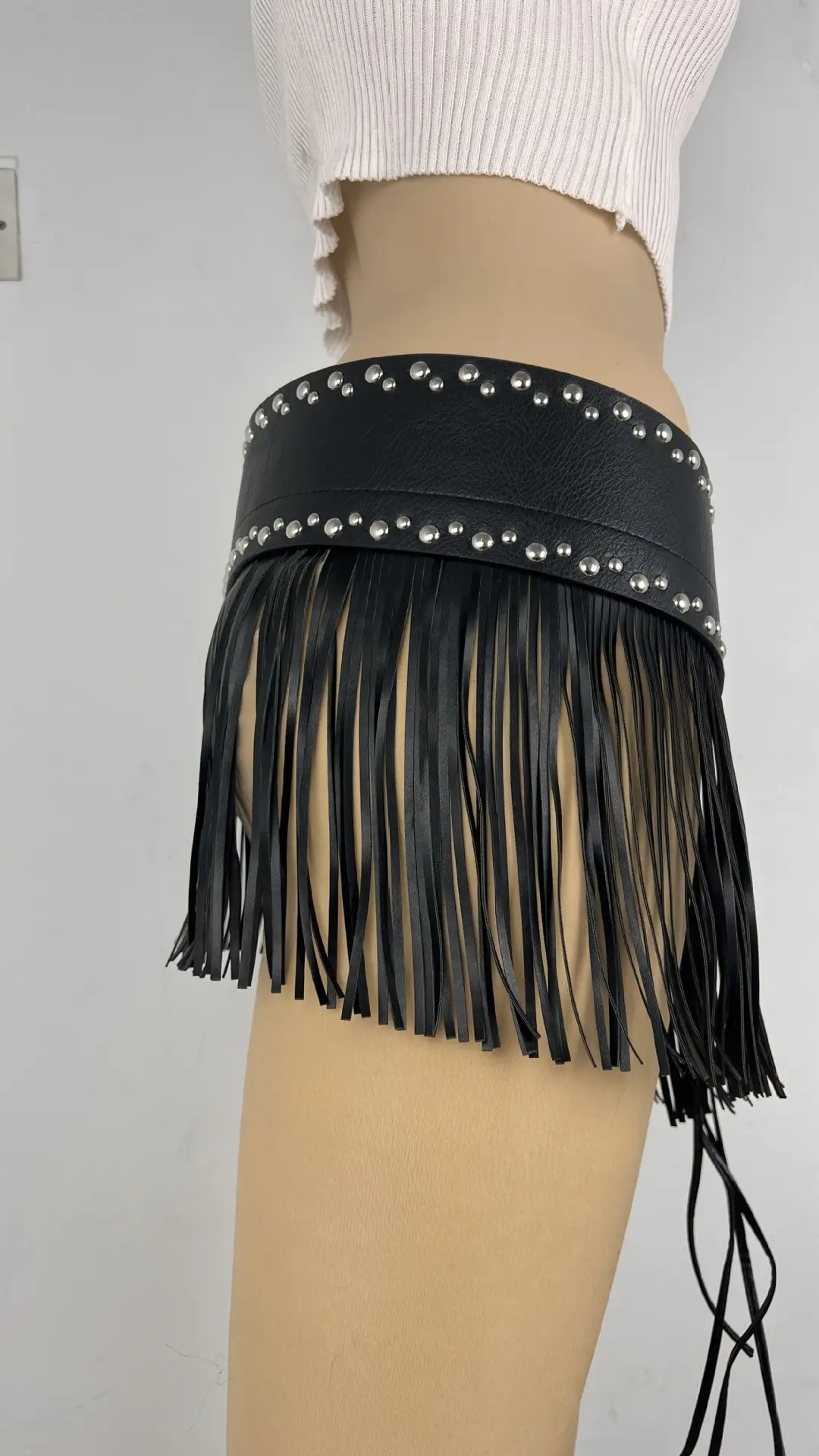 Black Fringe Belt Skirt with Rivets and Tassels — feature 6
