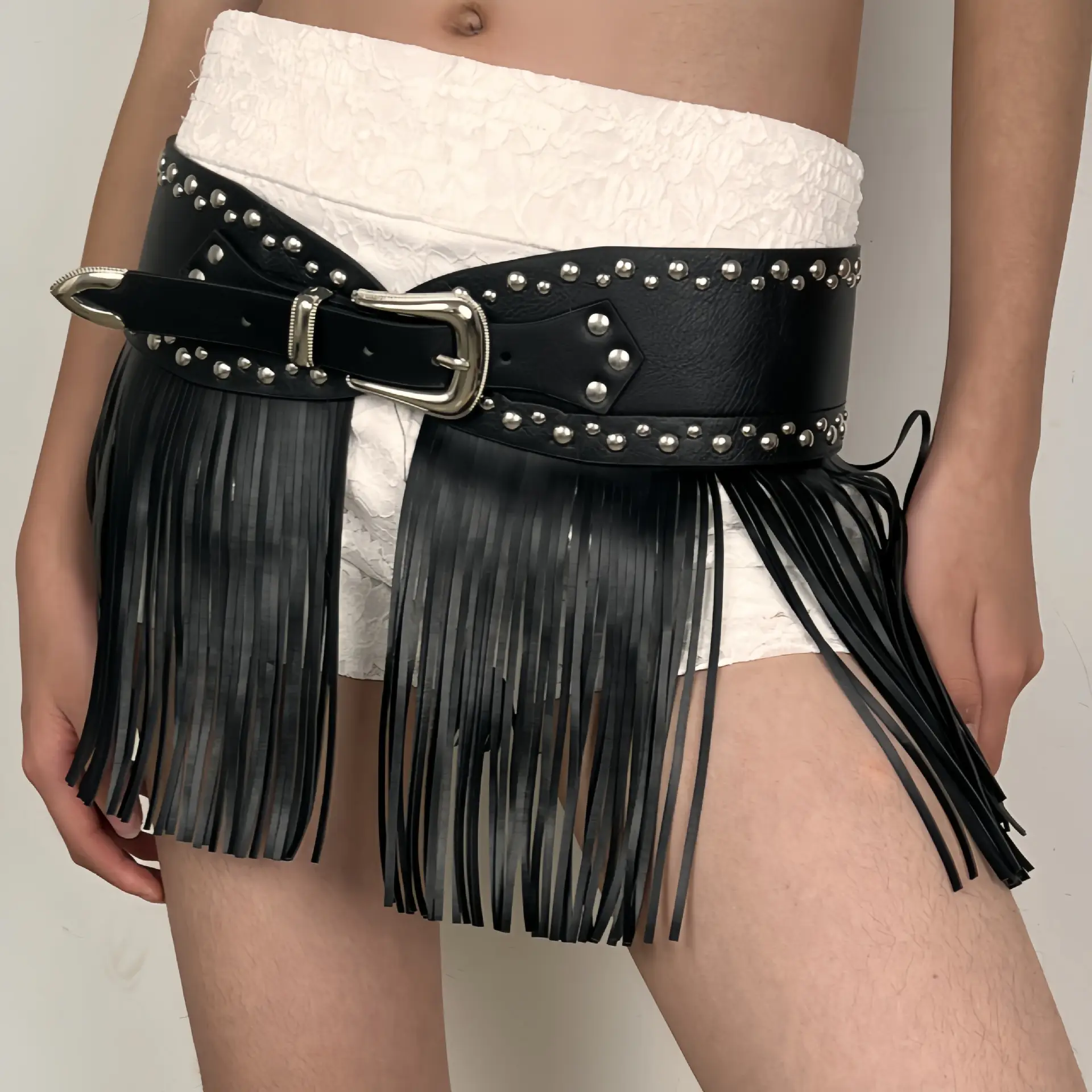 Black Fringe Belt Skirt with Rivets and Tassels — feature 7