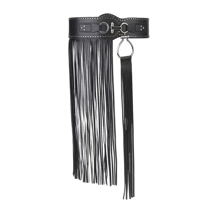 Black Fringe Belt Skirt with Rivets and Tassels - Image 4