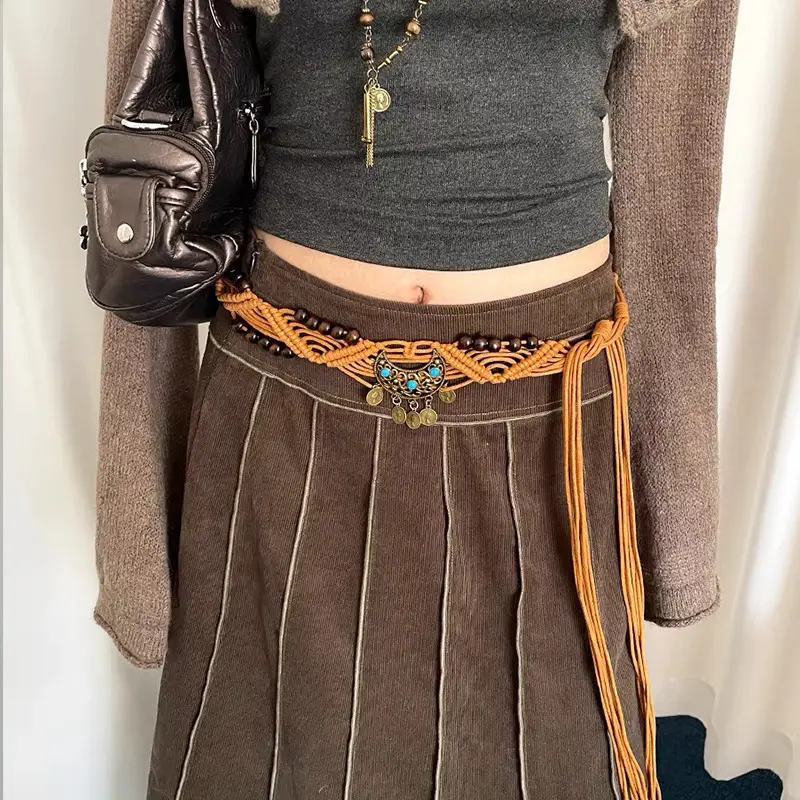Bohemian Belted Skirt with Waist Chain & Rope Denim Pants - Image 5