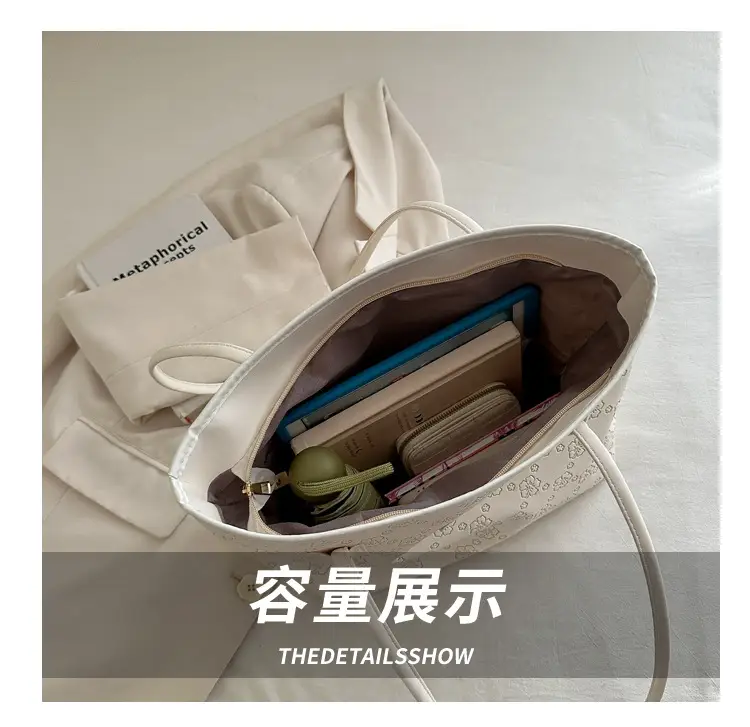 Women's Large Capacity Embroidered Tote Bag White — feature 5