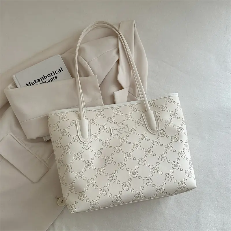 Women's Large Capacity Embroidered Tote Bag White - Image 2