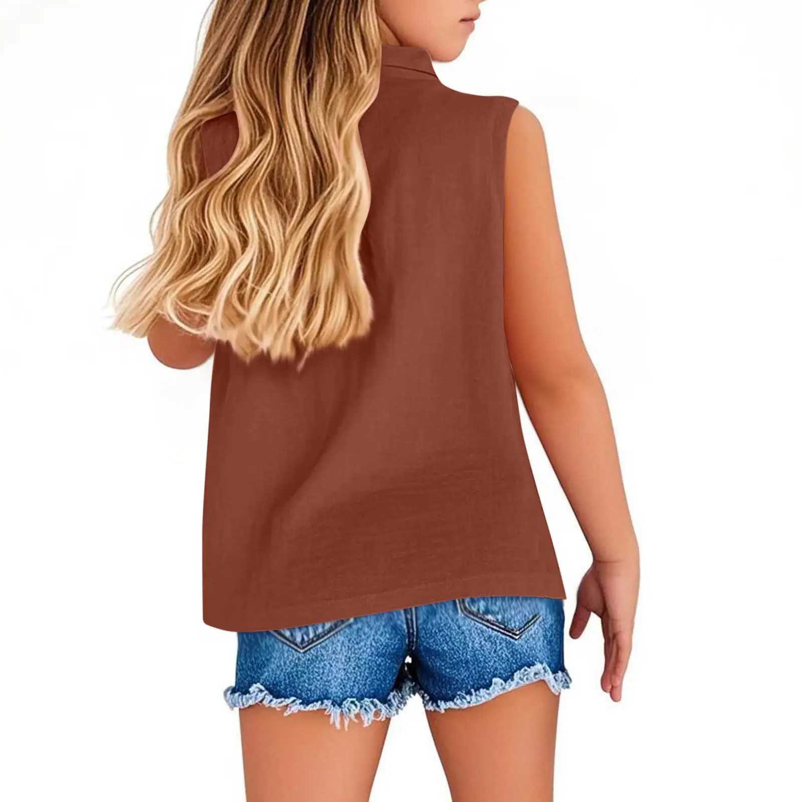 Brown Lapel Button Vest Shirt for Women Middle to Large — feature 16