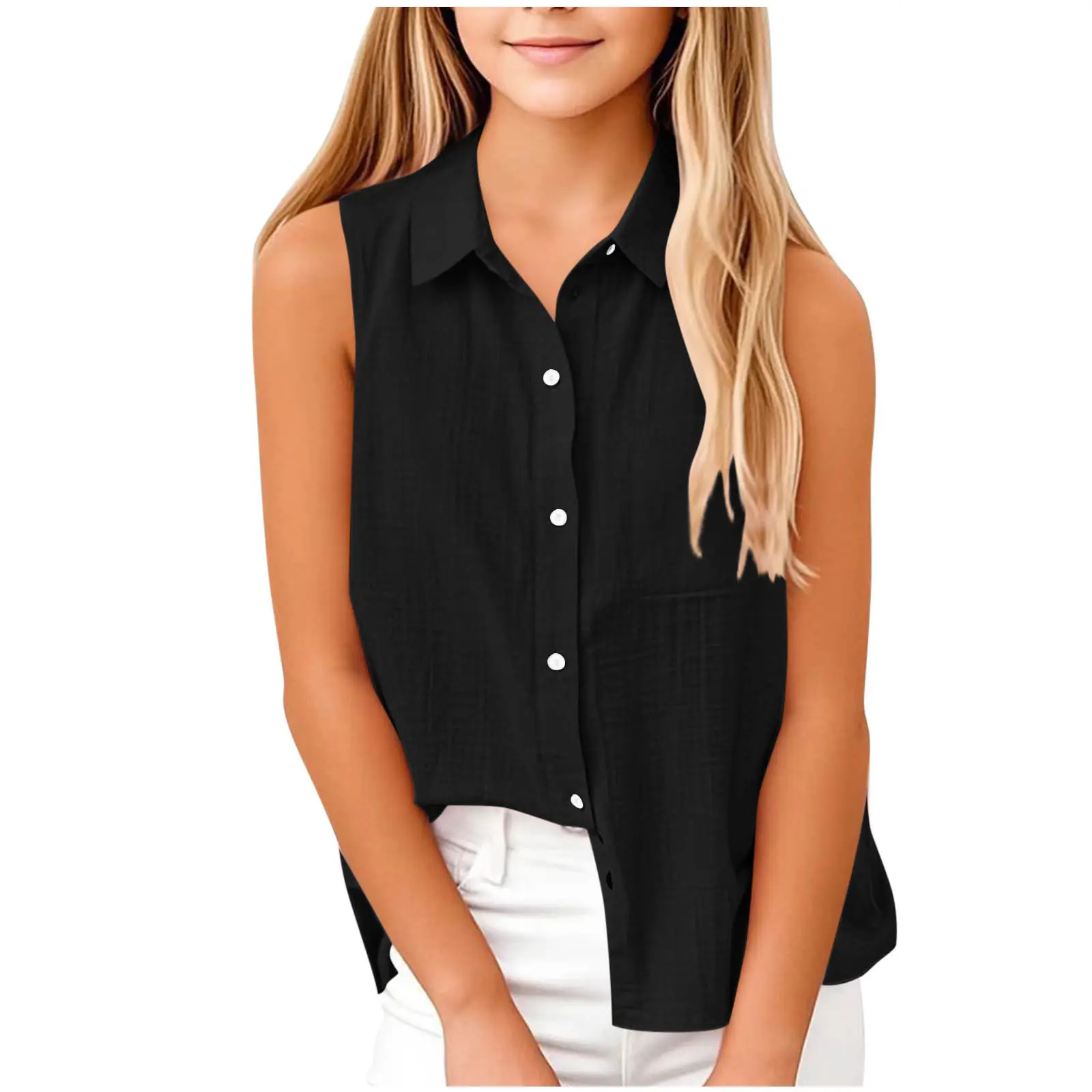 Brown Lapel Button Vest Shirt for Women Middle to Large — feature 2