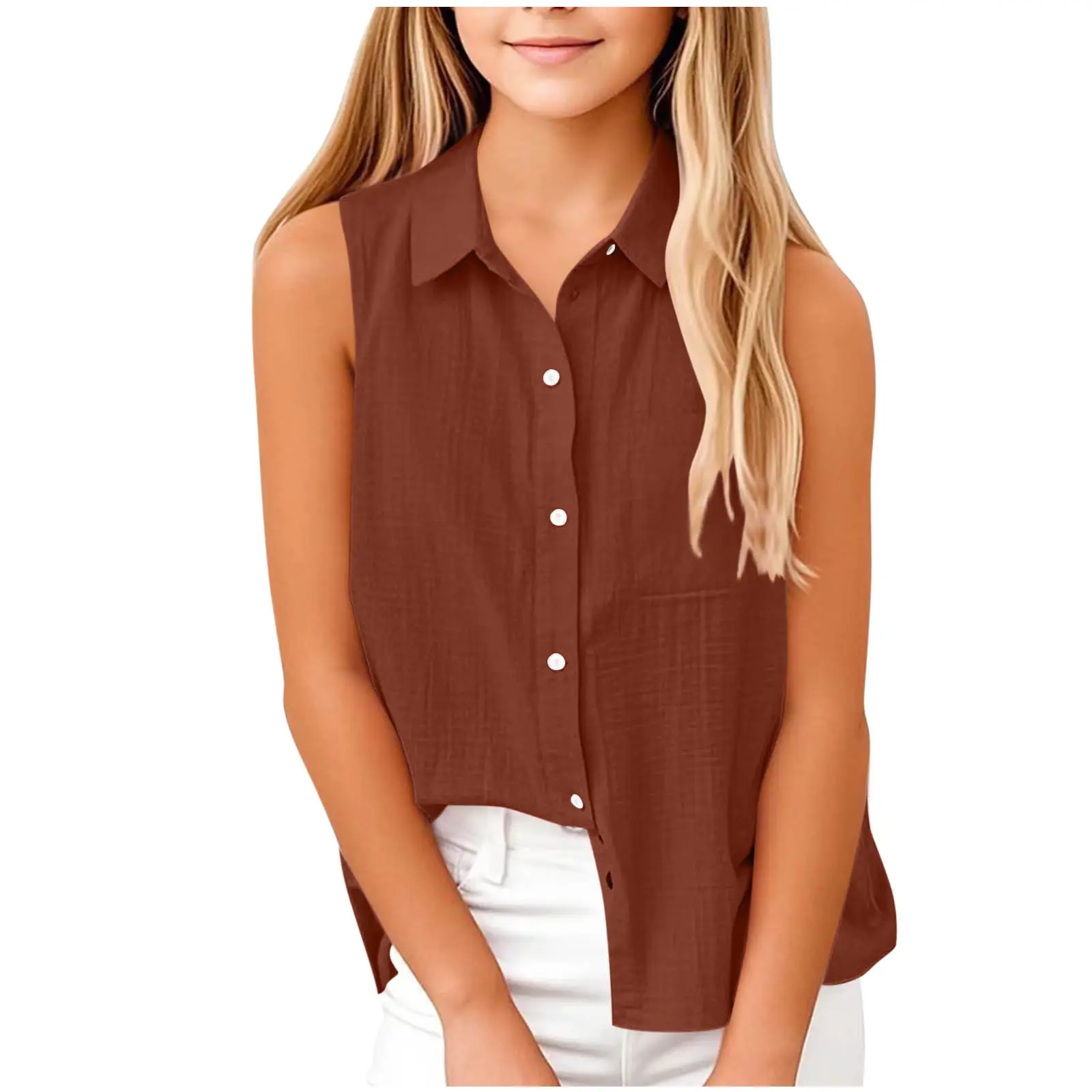 Brown Lapel Button Vest Shirt for Women Middle to Large