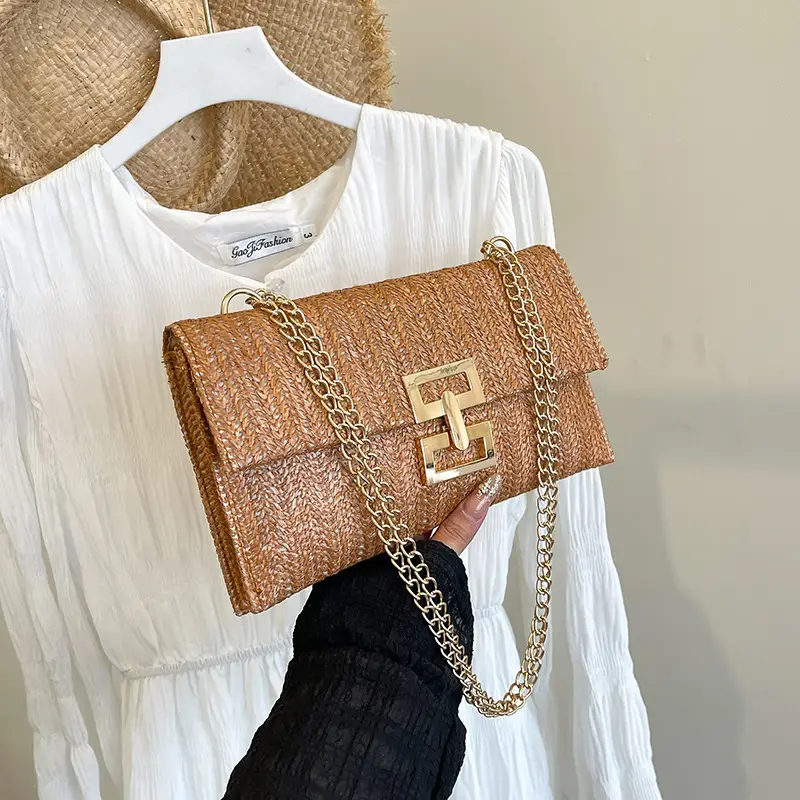 French Embroidery Crossbody Bag Brown Gold Chain - Image 4