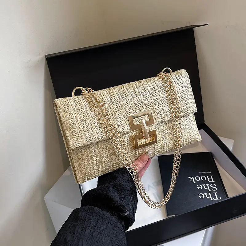 French Embroidery Crossbody Bag Brown Gold Chain - Image 5