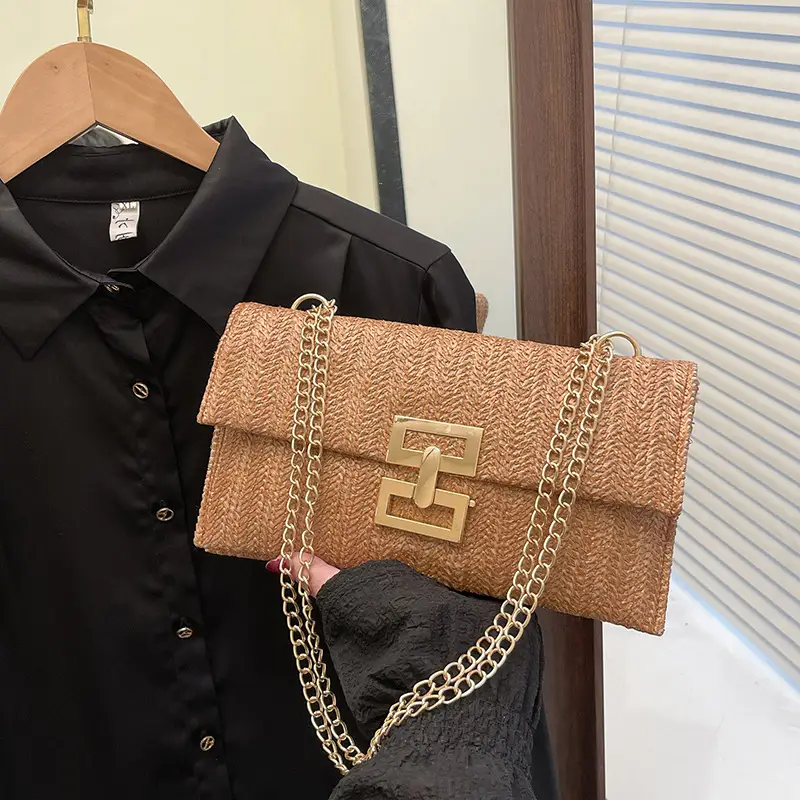 French Embroidery Crossbody Bag Brown Gold Chain - Image 6