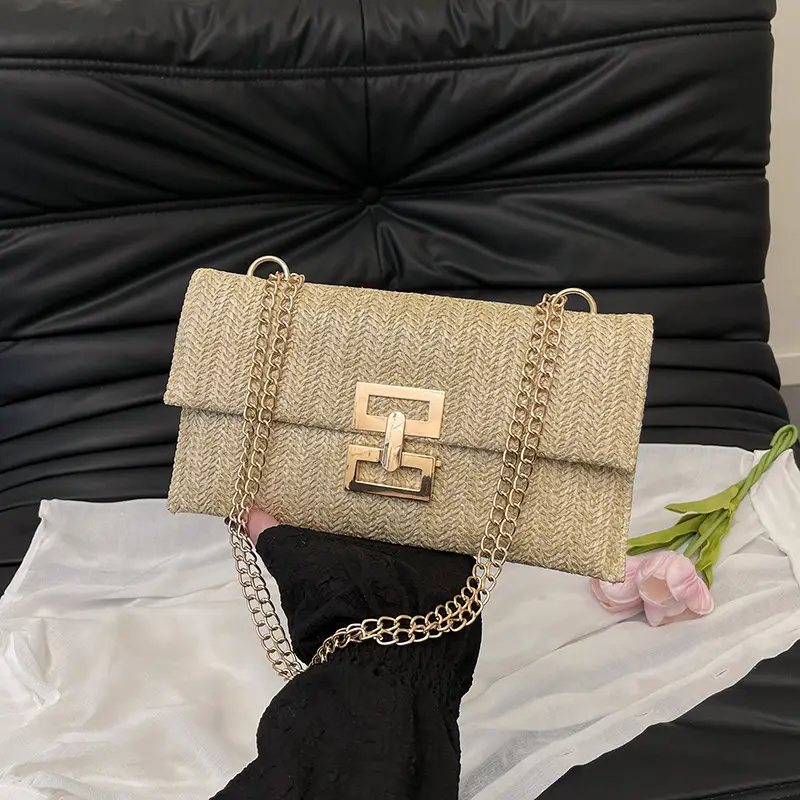 French Embroidery Crossbody Bag Brown Gold Chain - Image 7