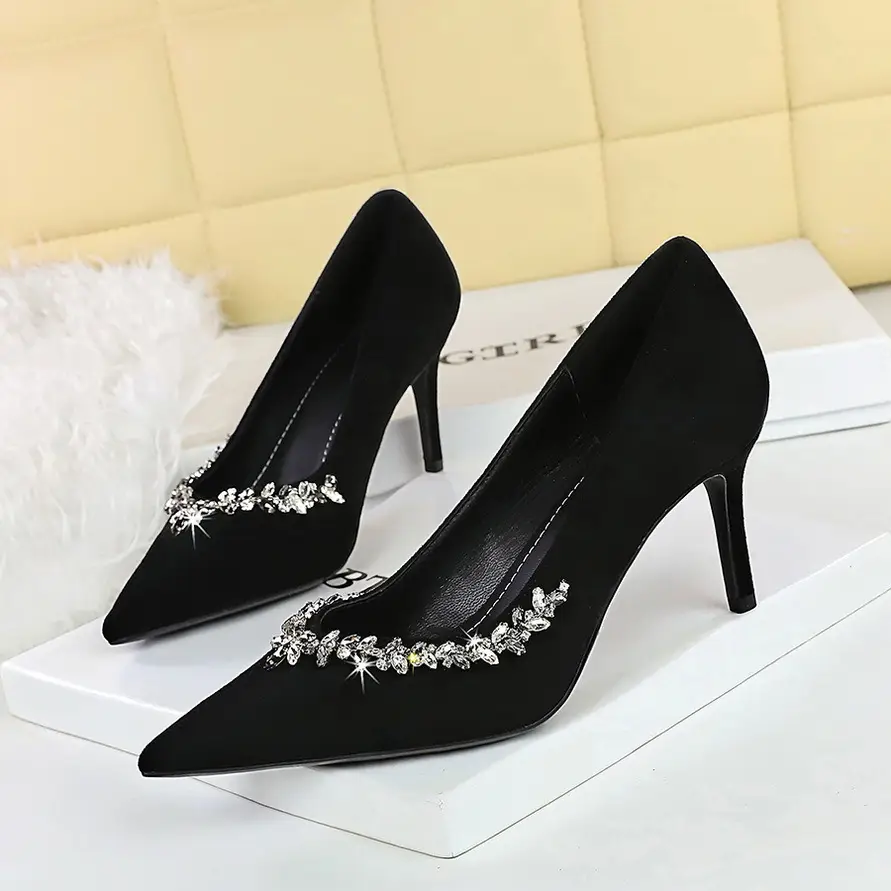 1926-A1 European and American Pointed Suede High Heels Rhinestone Shallow Stiletto Heel Shoes Women's Banquet Elegant Women's Shoes Spring and Autumn